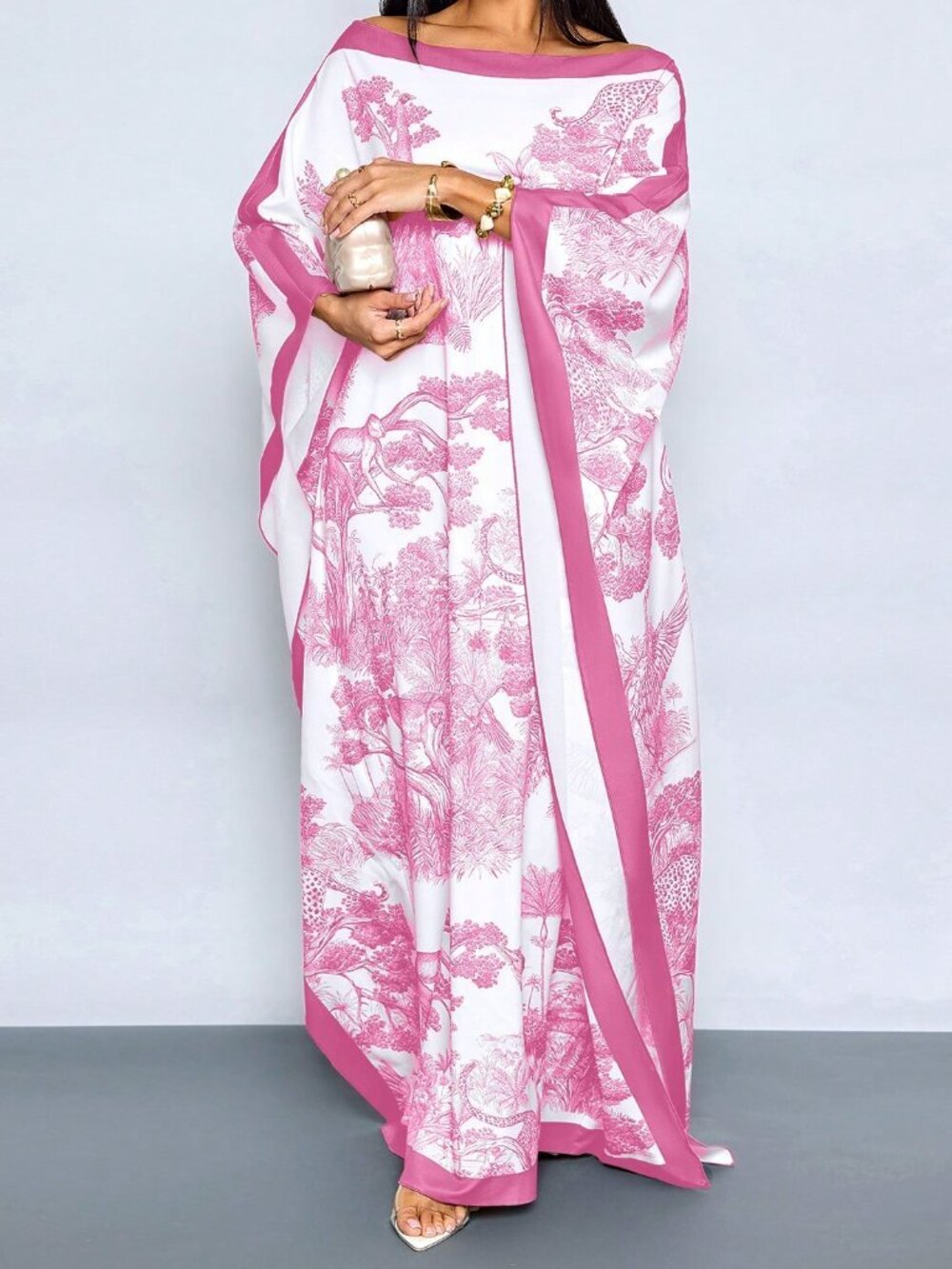 Pink Boho Women's Maxi Dress with Cape Shawl, Floral Print, Batwing Sleeves - Picture 3 of 6